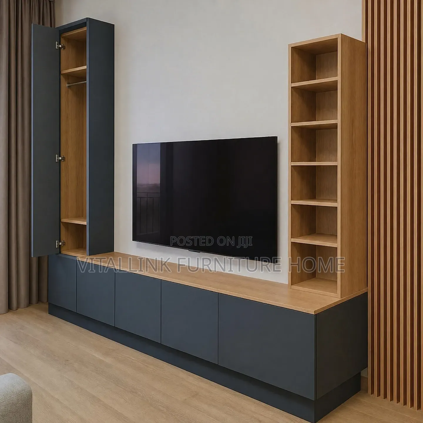 Modern Two-Tone TV Unit With Tall Tower Open Shelves