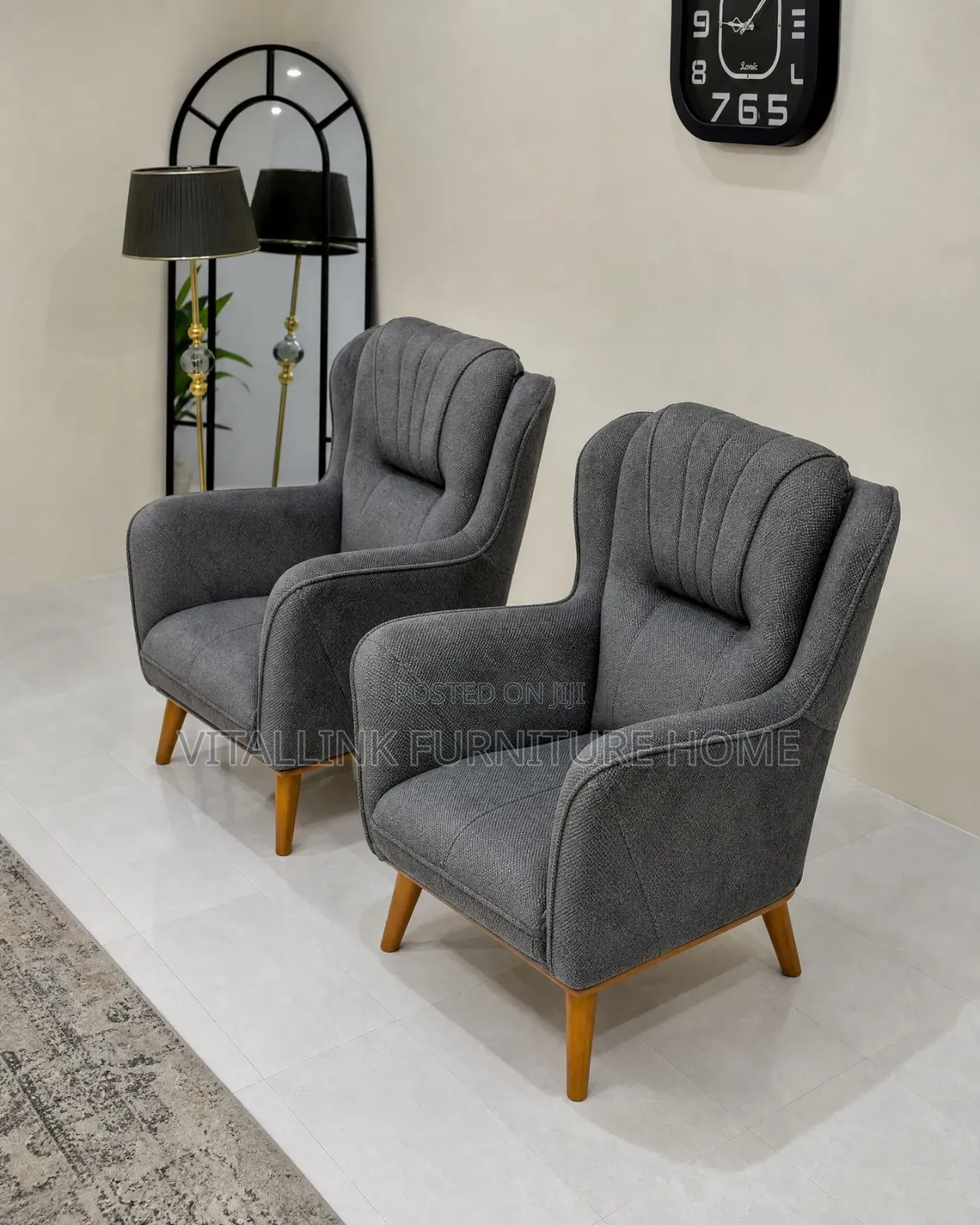 Pair of Mid-Century Grey Fabric Armchairs With Wood Legs