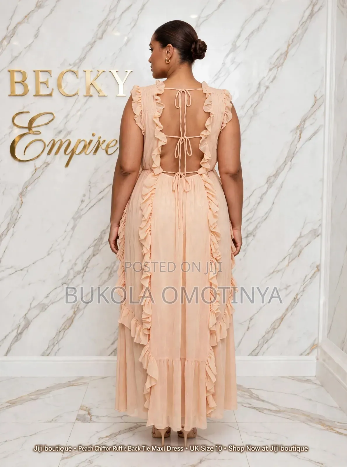 Ladies Elegant Ruffle Chiffon Maxi Dress - Peach Nude | Beach Gown |