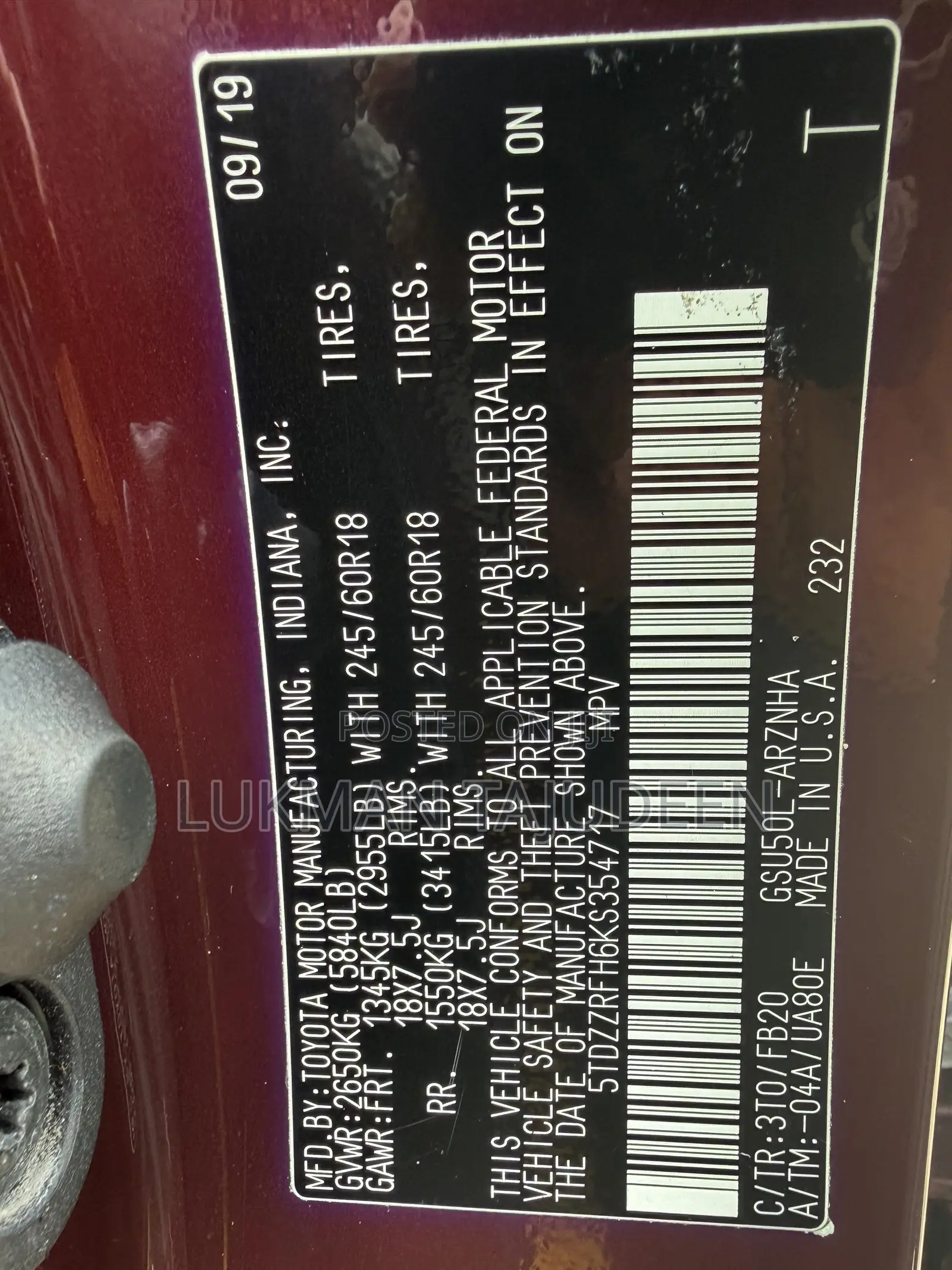 Toyota Highlander LE V6 2019 Burgundy