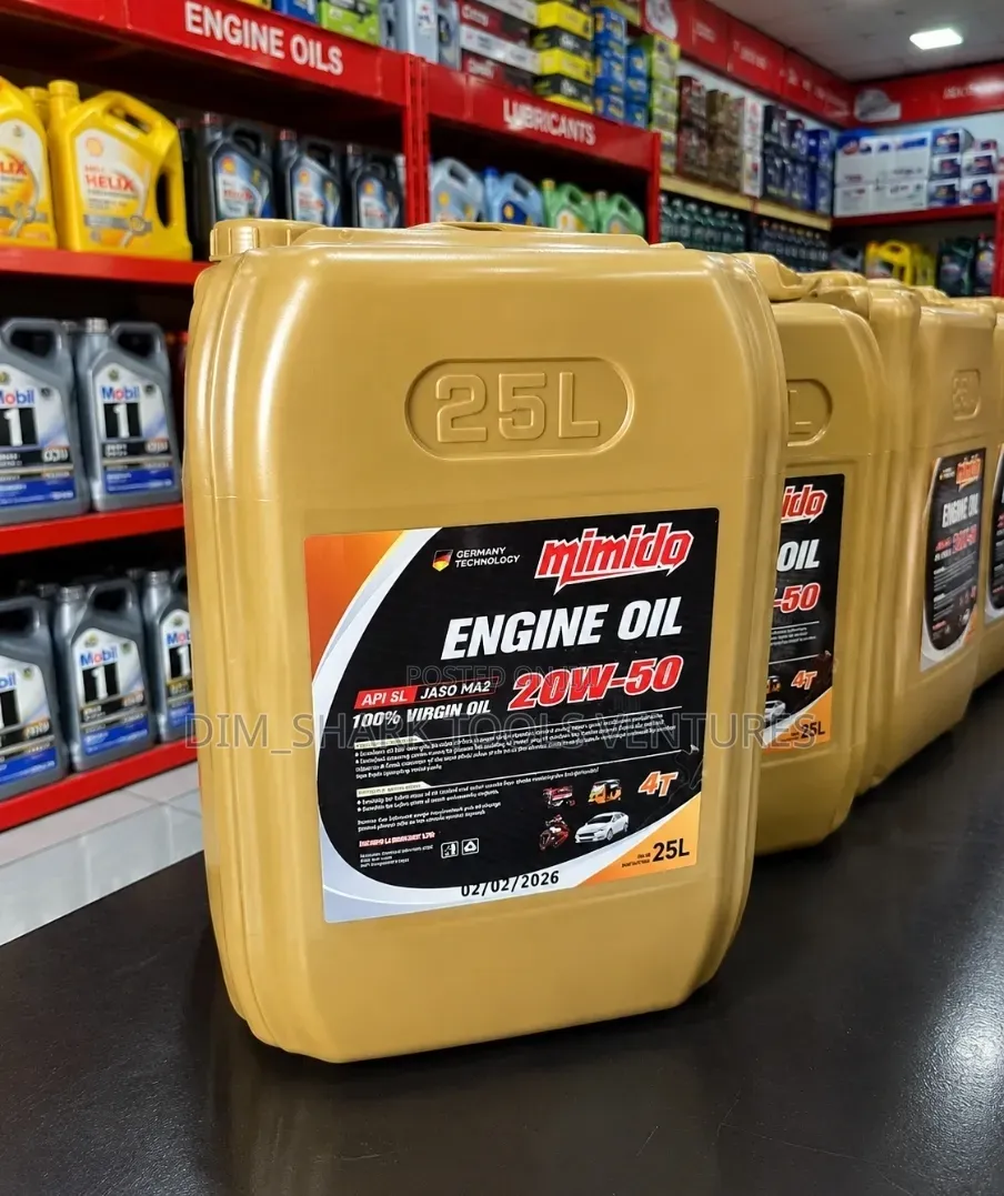 25-Liter Container of Mimido 20w-50 Engine Oil.