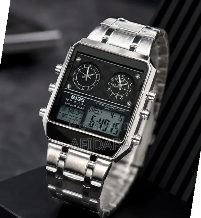Luxury Digital/Analog World Map Watch With Alarm | Silver/Black