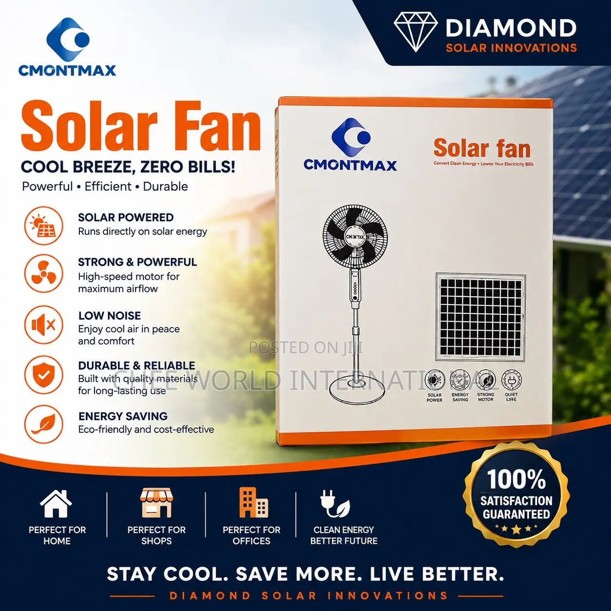 Cmontmax 16 Inch Solar Standing Fan + Solar Panel - Rechargeable