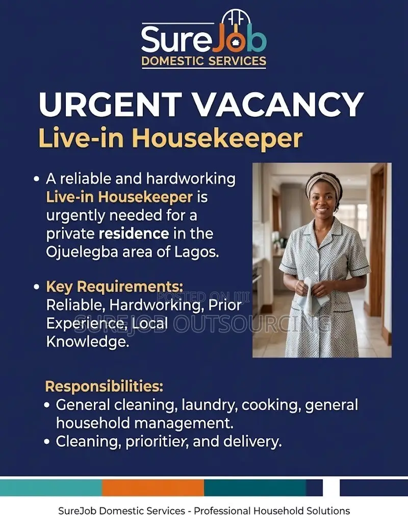 Urgent Live-in Housekeeper Needed in Ojuelegba