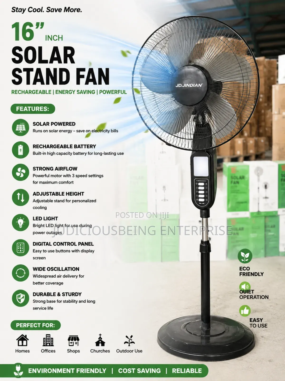 16-Inch JD JINDIAN Solar Rechargeable Stand Fan – LED Light.