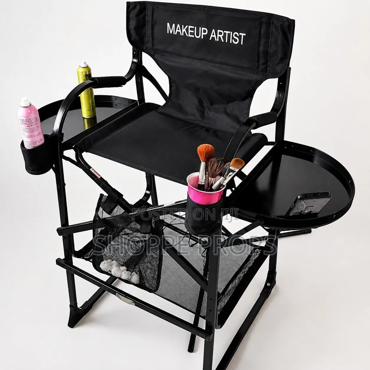 Telescopic Foldable Make-Up Chair - Black Metal Double Tray