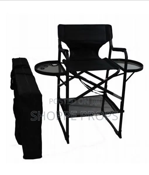 Telescopic Foldable Make-Up Chair - Black Metal Double Tray