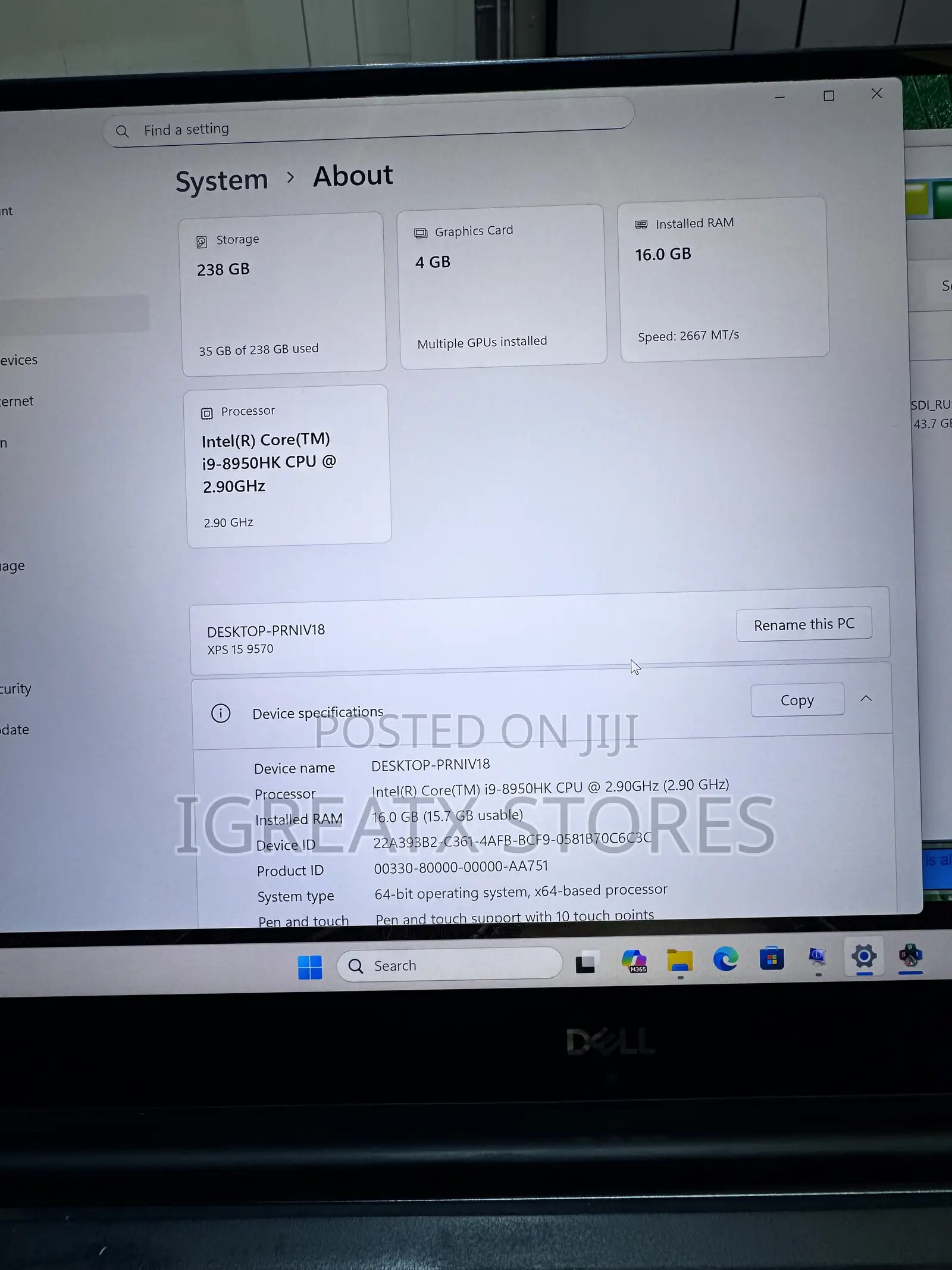 Laptop Dell XPS 15-9570 16GB Intel Core i9 SSD 256GB