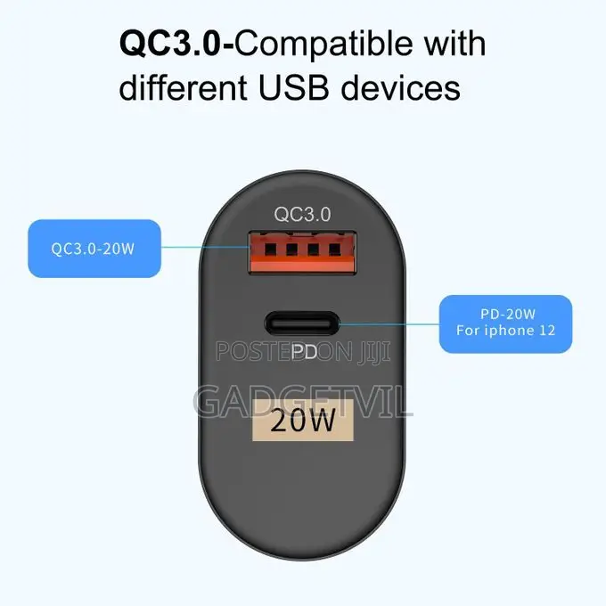 QC3.0 PD 20W USB-A + Type C Dual Port Charging Adapter