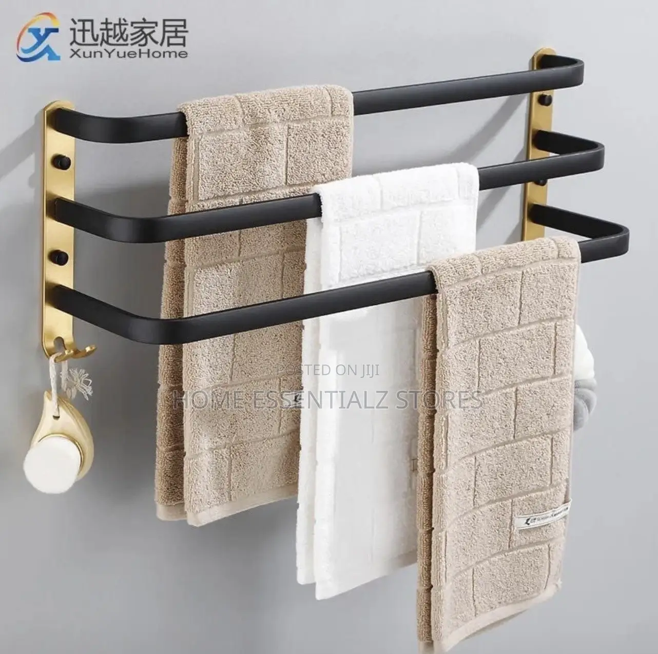 3-Bar Wall Mounted Towel Rack With Hooks - Bathroom Towel Holder