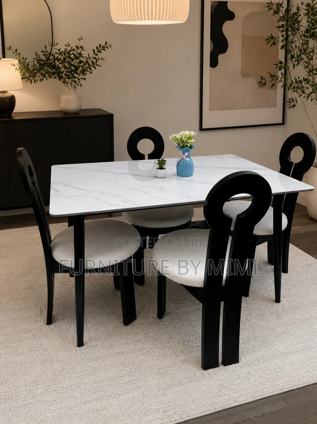 Luxury 4-Seater Marble Dining Set With Keyhole Bouclé Chairs