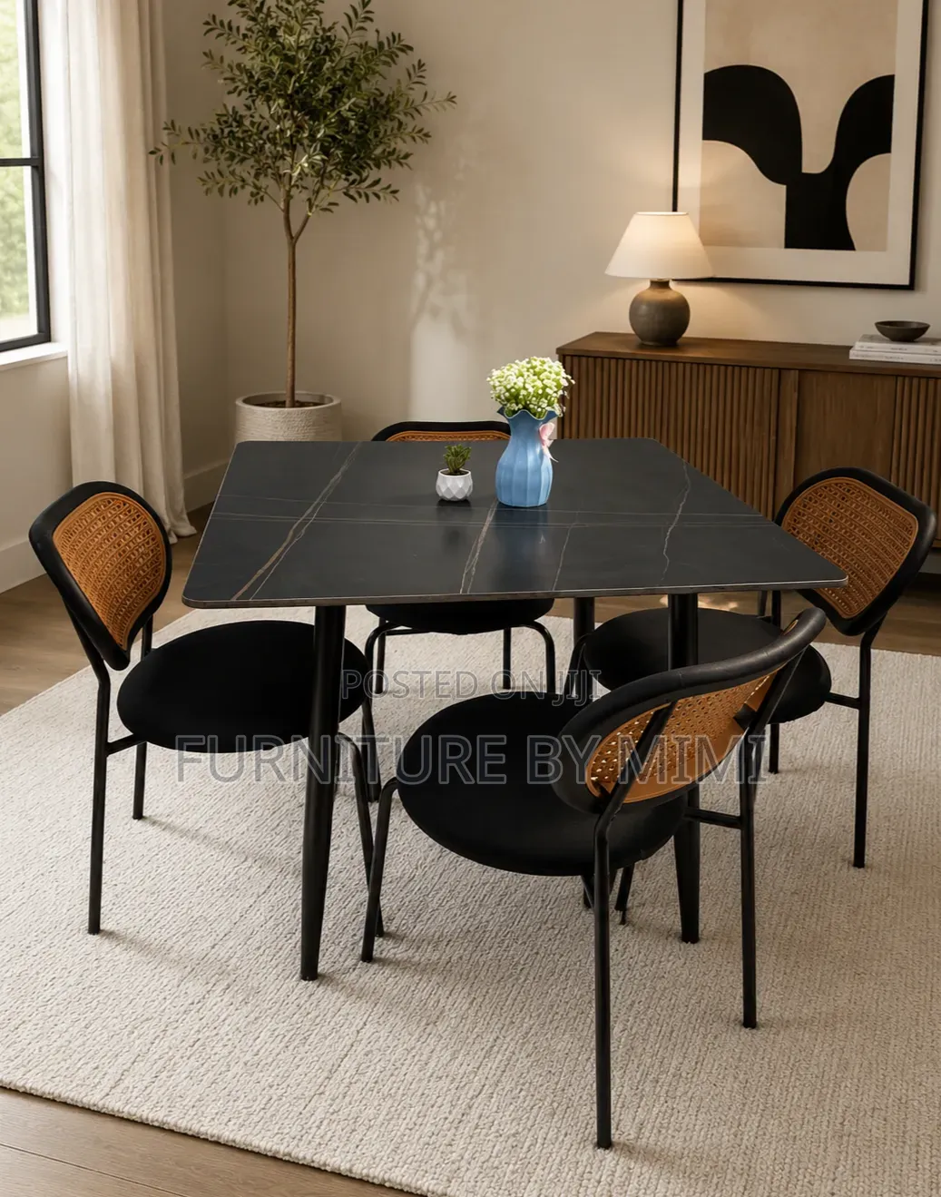 Luxury 4-Seater Black Marble Dining Set With Rattan Back Chairs