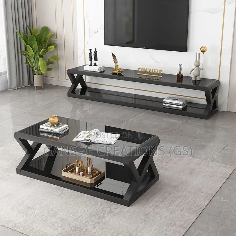 Modern Z-Shaped Tempered Glass TV Stand Centre Table Set