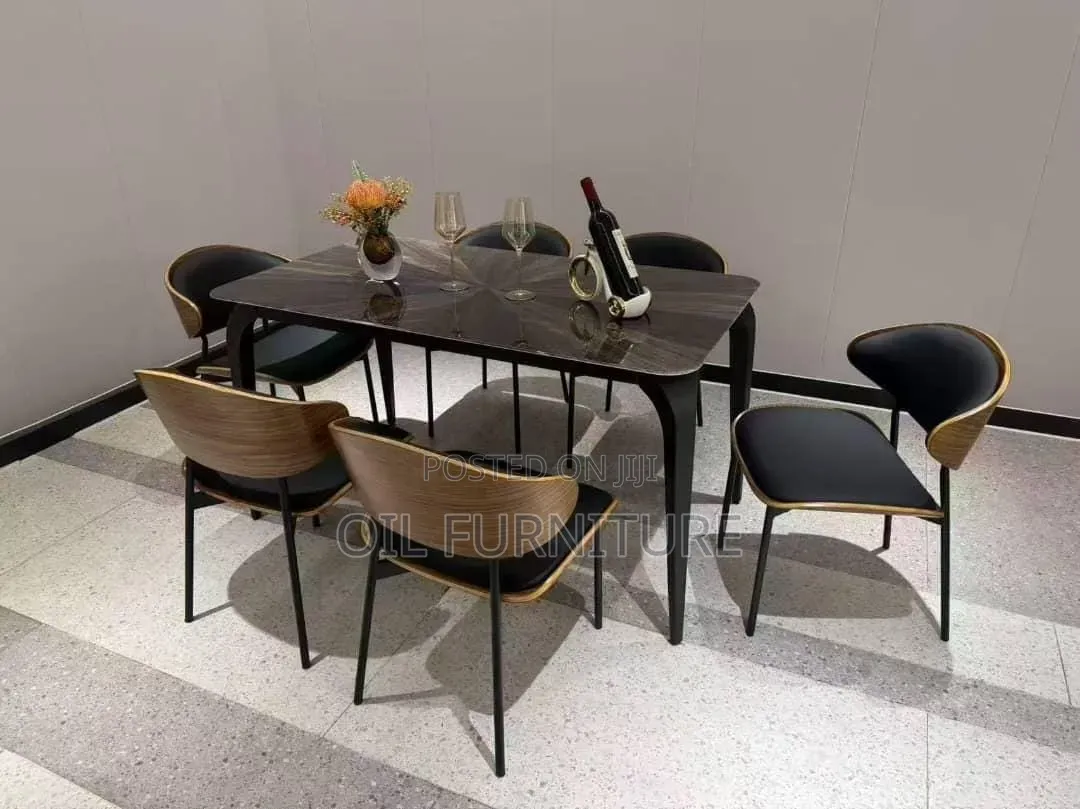 High-End 6-Seater Marble Top Dining Table Set With Curve Back Chairs
