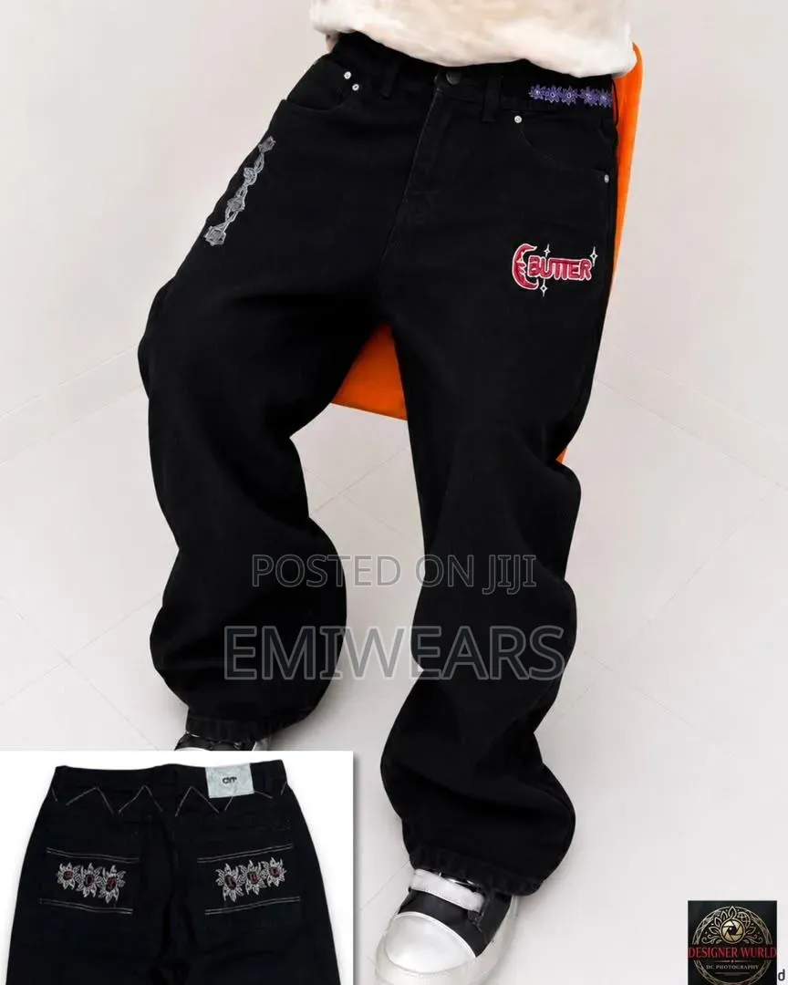 Men's Black Wide-Leg Jeans | "BUTTER" Embroidered Graphic Denim
