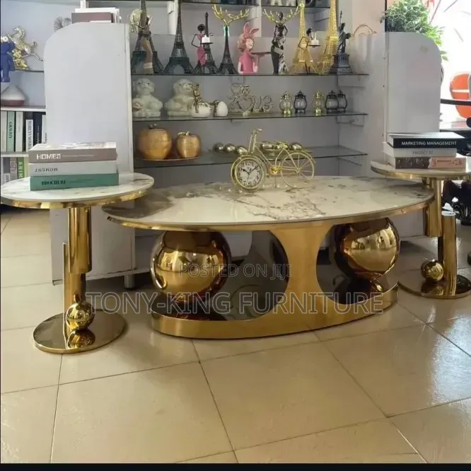 Luxury Coffee Table Set Features a White Faux or Genuine Marble Top