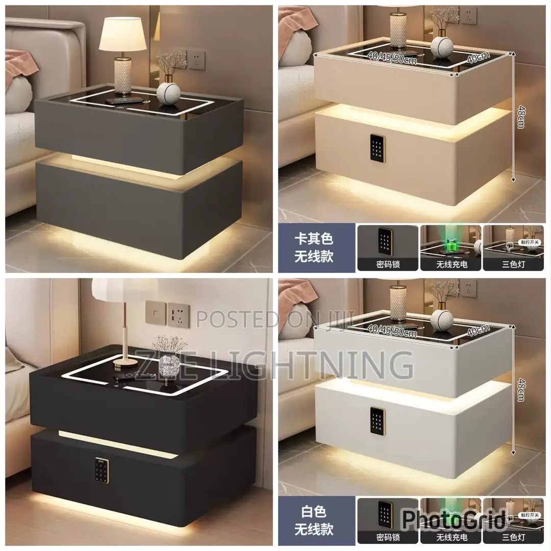 Smart Bedside Table With Safe Lock, Wireless Charger and Sensor Lights