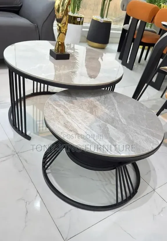 2-in-1 Round Nesting Coffee Table With a White-and-Grey Marble Top