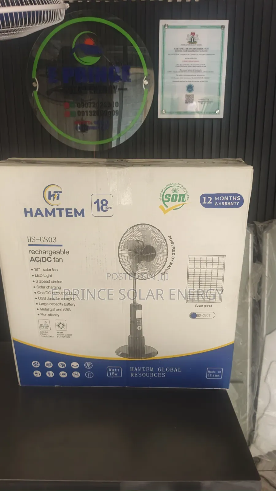 18 Inches Rechargeable Solar Fan Hantem