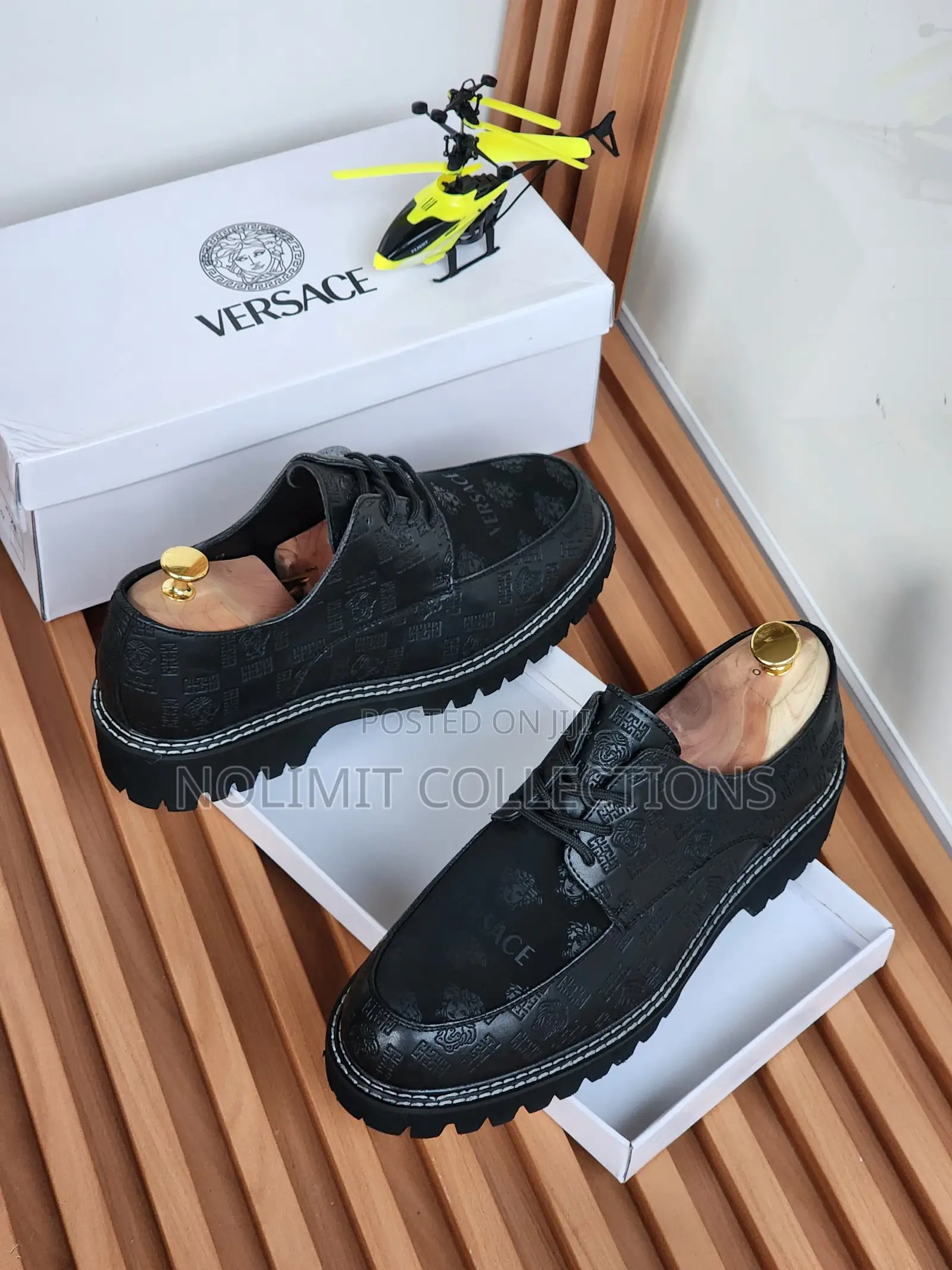 Black Patterned Versace Leather Lace Up Shoes With Thick Soles