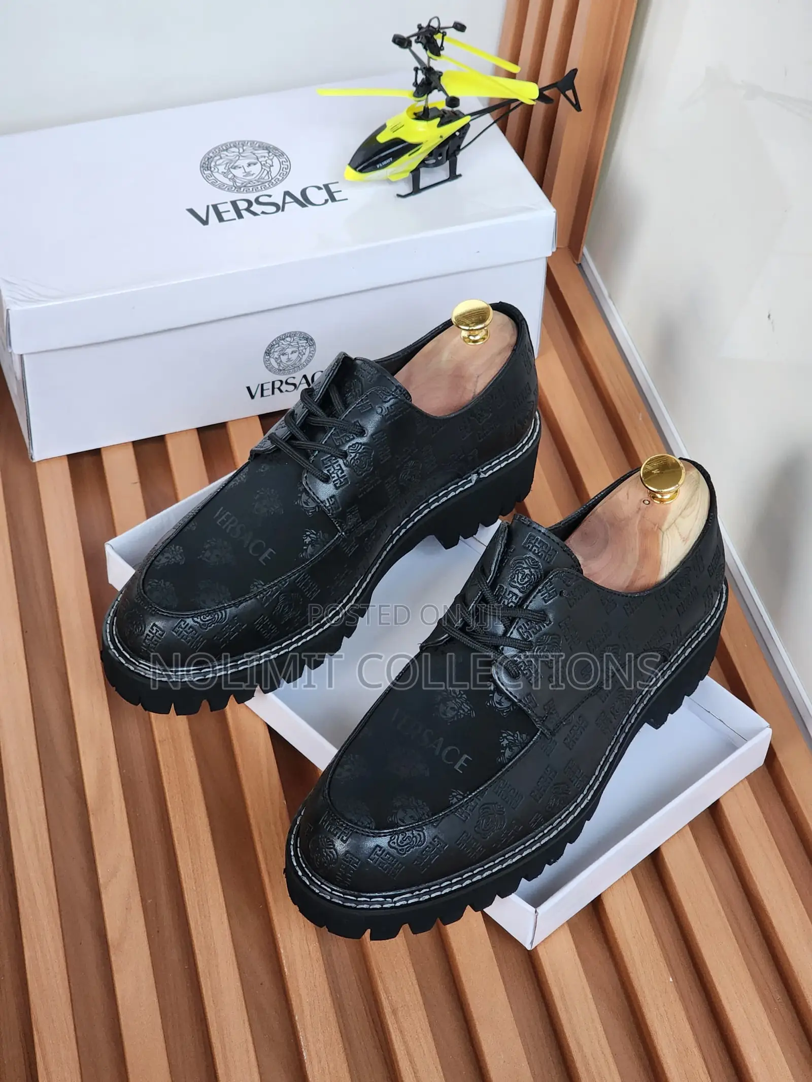 Black Patterned Versace Leather Lace Up Shoes With Thick Soles
