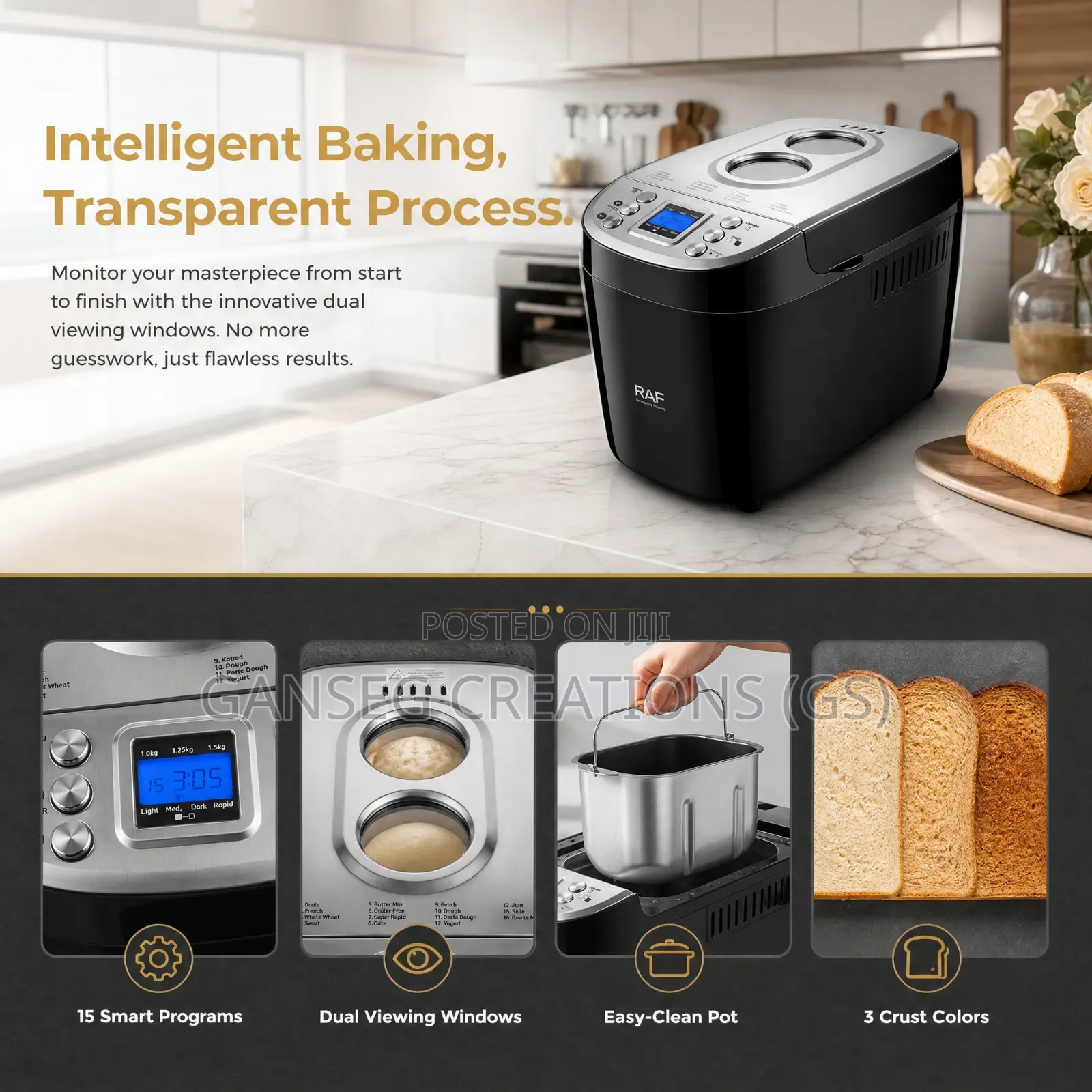 Raf 850watts Bread Maker With 3 Capacity Option of 1000G,1250G,1500G