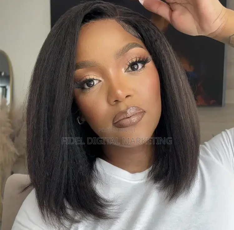 Kinky Straight Bob Wig Human Hair Yaki Pre Pluck Cut 180 Density