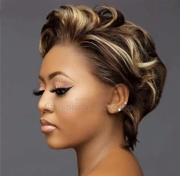Short Pixie Cut Black With Blonde Highlight Curly Lace Front Human
