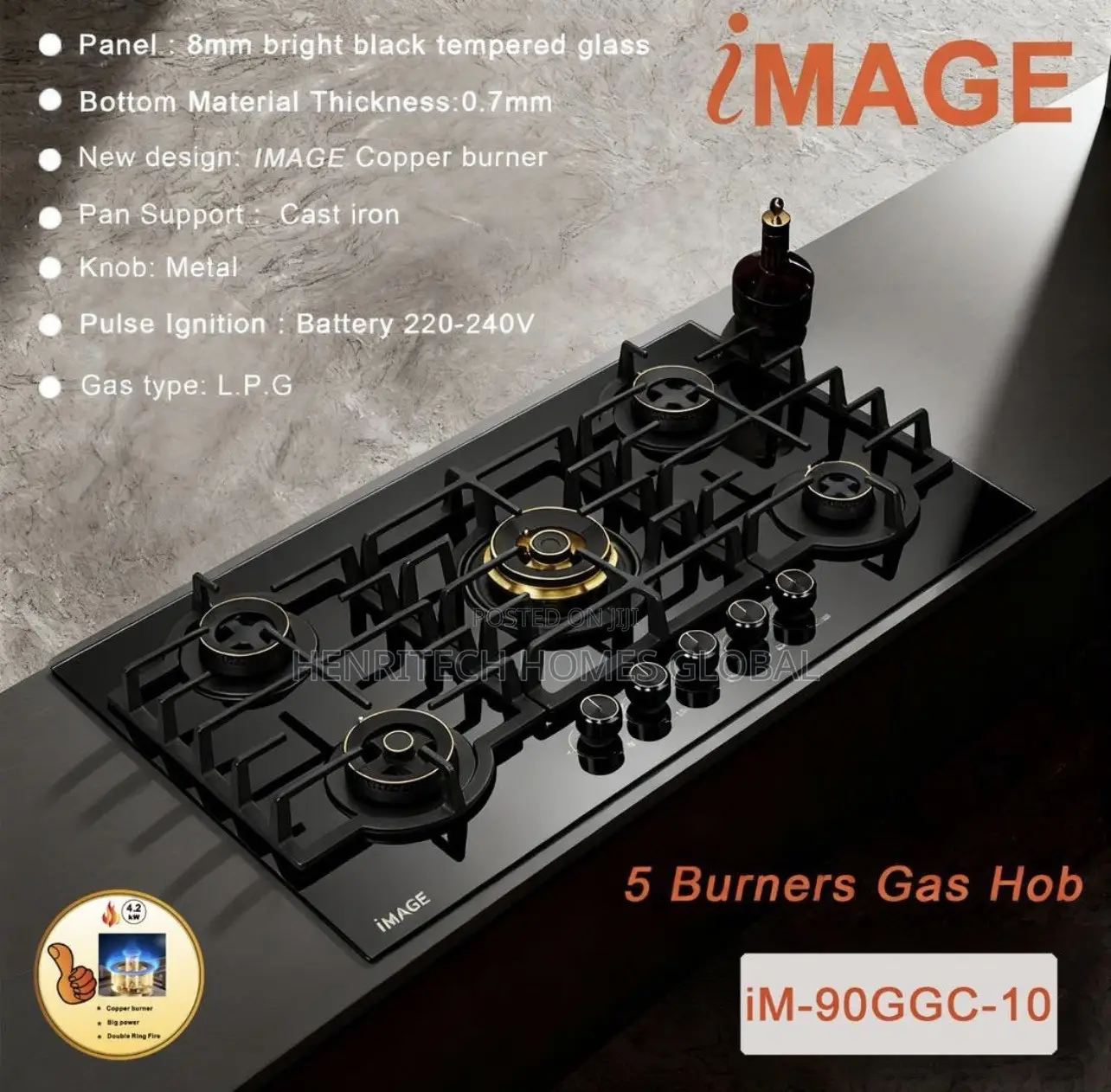 90CM 5-Burner Gas Hob – Copper Trim, Heavy Cast Pan Support