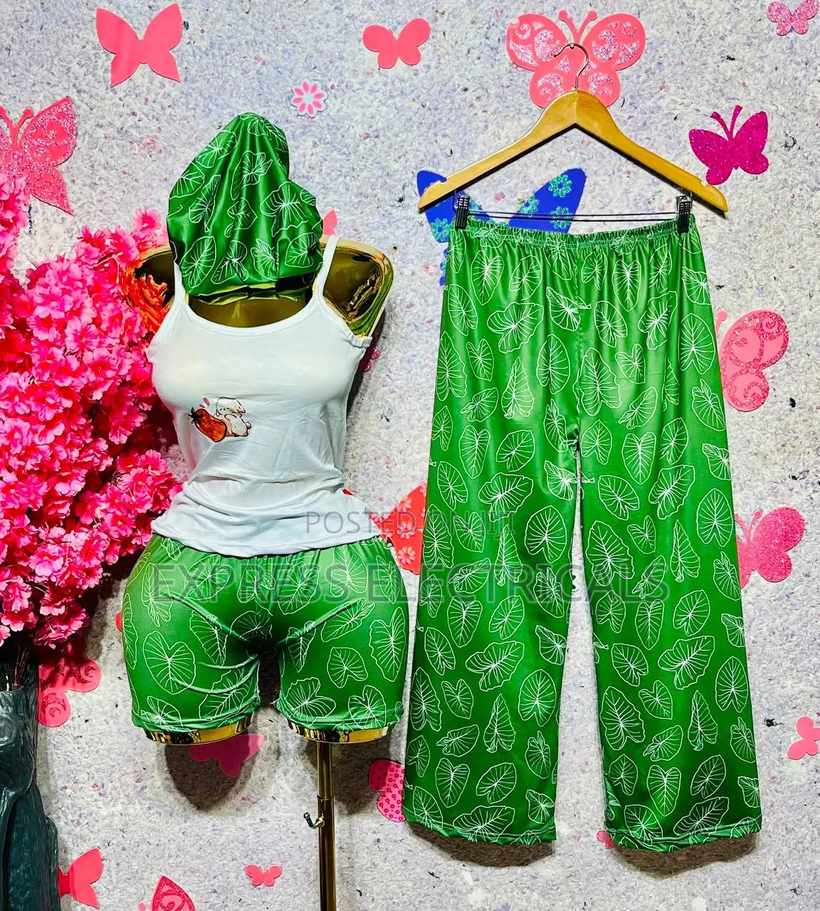 4-in-1 Women's Nightwear Set - Cami Top + Shorts + Trouser + Bonnet