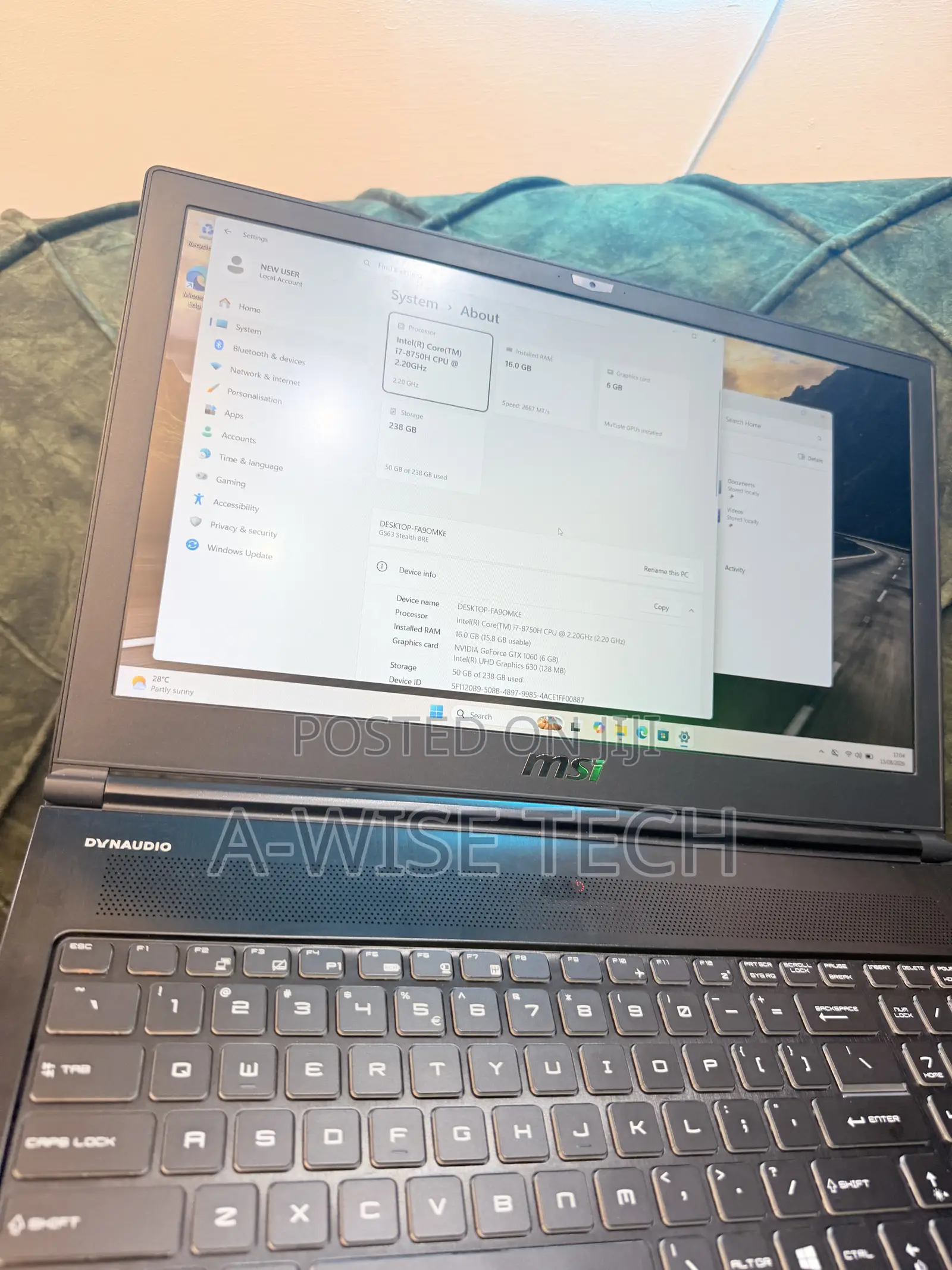 Laptop MSI GS63 Stealth 8RE 16GB Intel Core i7 SSD 256GB