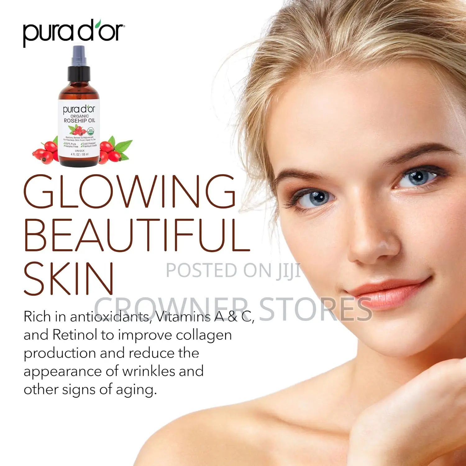 PURA d'OR ORGANIC Rosehip Seed Oil Pure Cold-Pressed for Face, 4oz