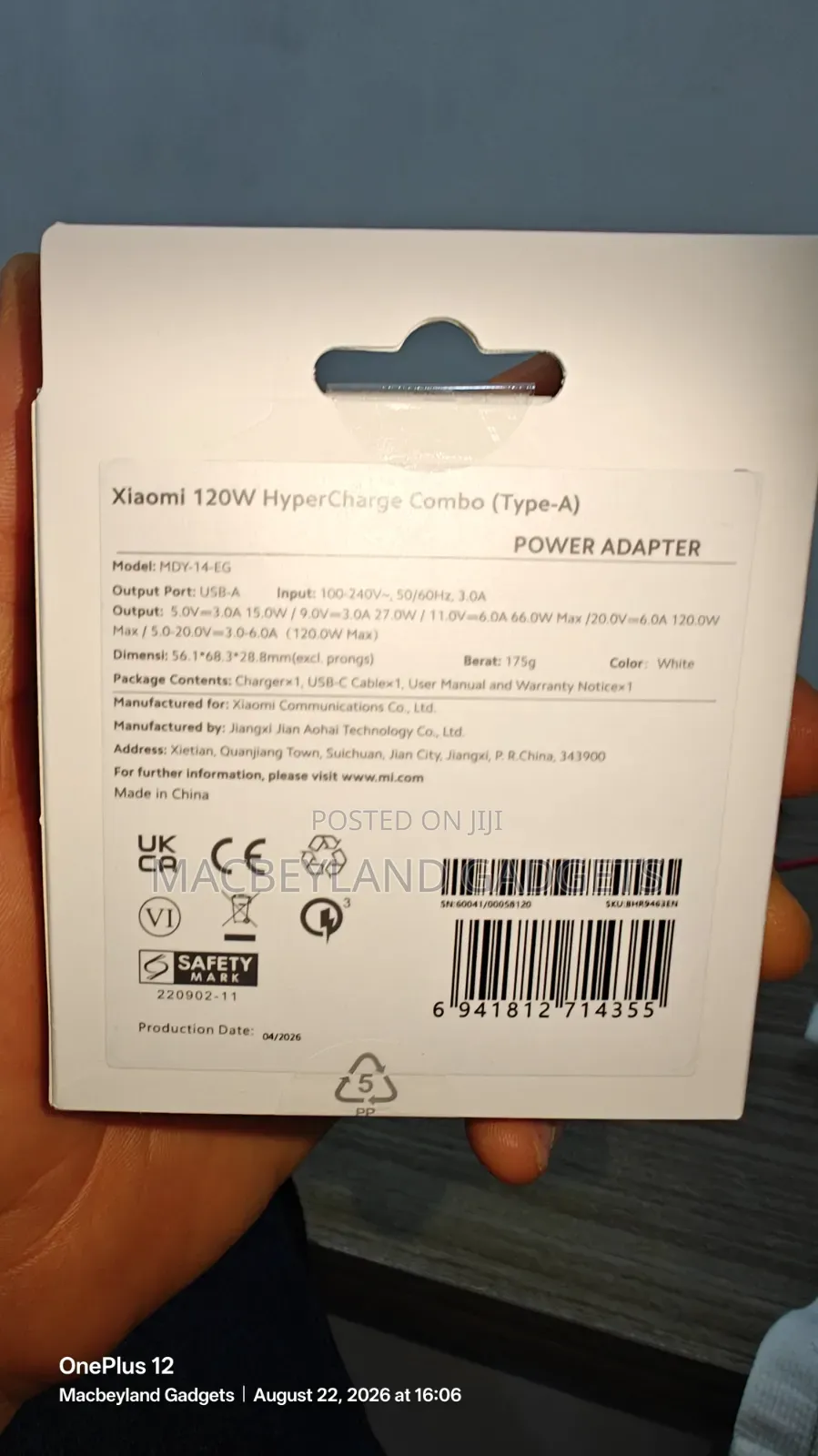Original Xiaomi 120 Watts Charger, Uk 3 Pin, Brand New Sealed