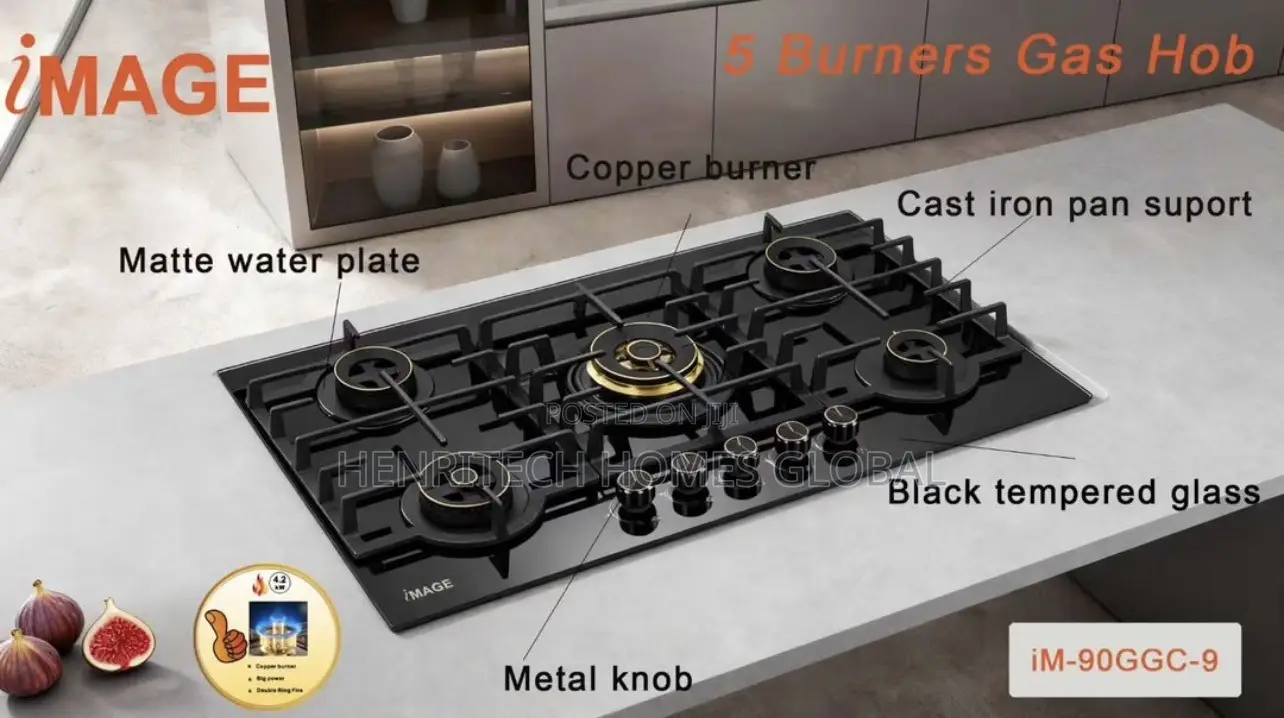 90CM 5-Burner Gas Hob – Copper Trim, Heavy Cast Pan Support