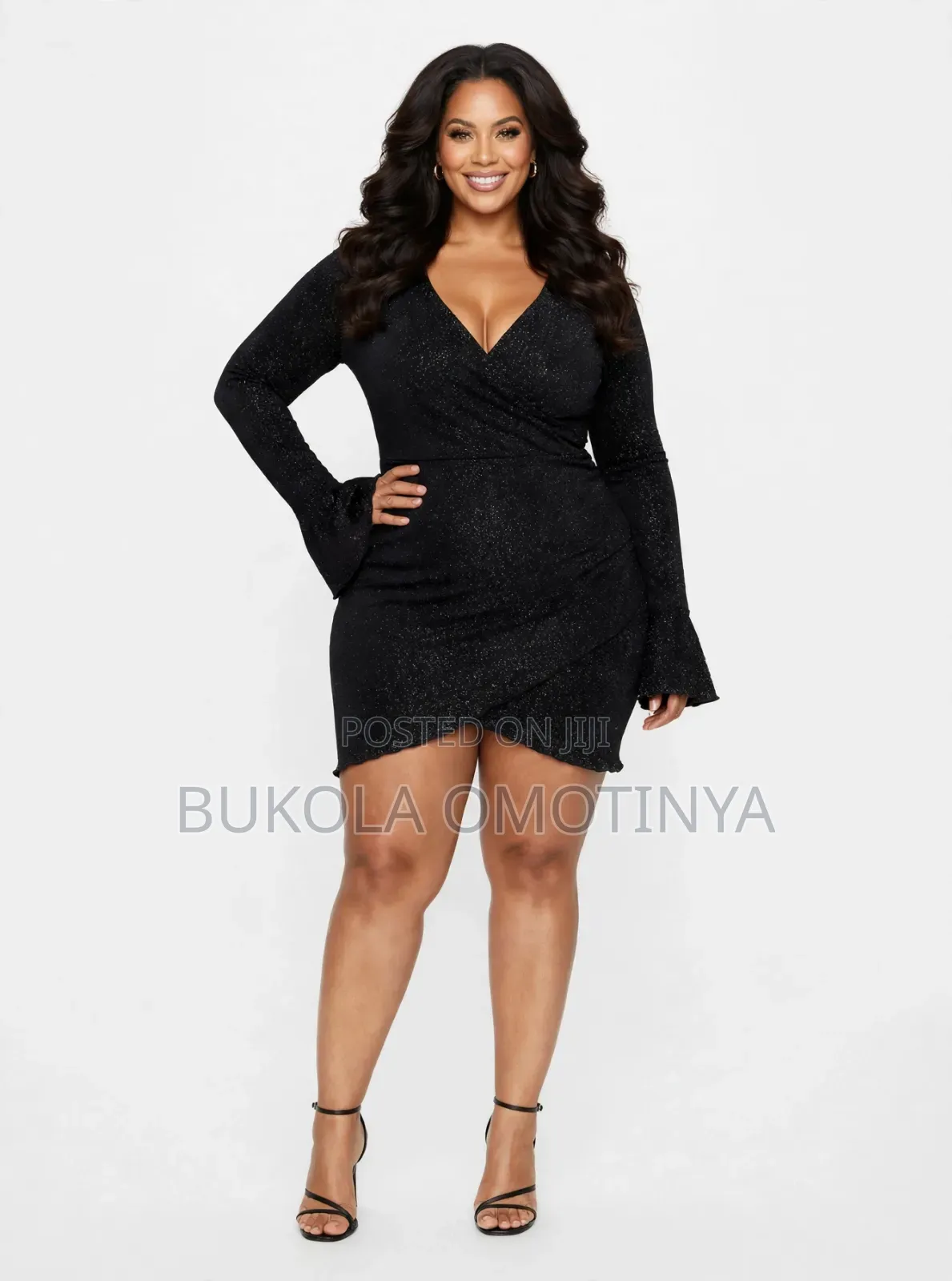 Black Shimmer Glitter Long Sleeve Wrap Bodycon Mini Dress - Party Dres