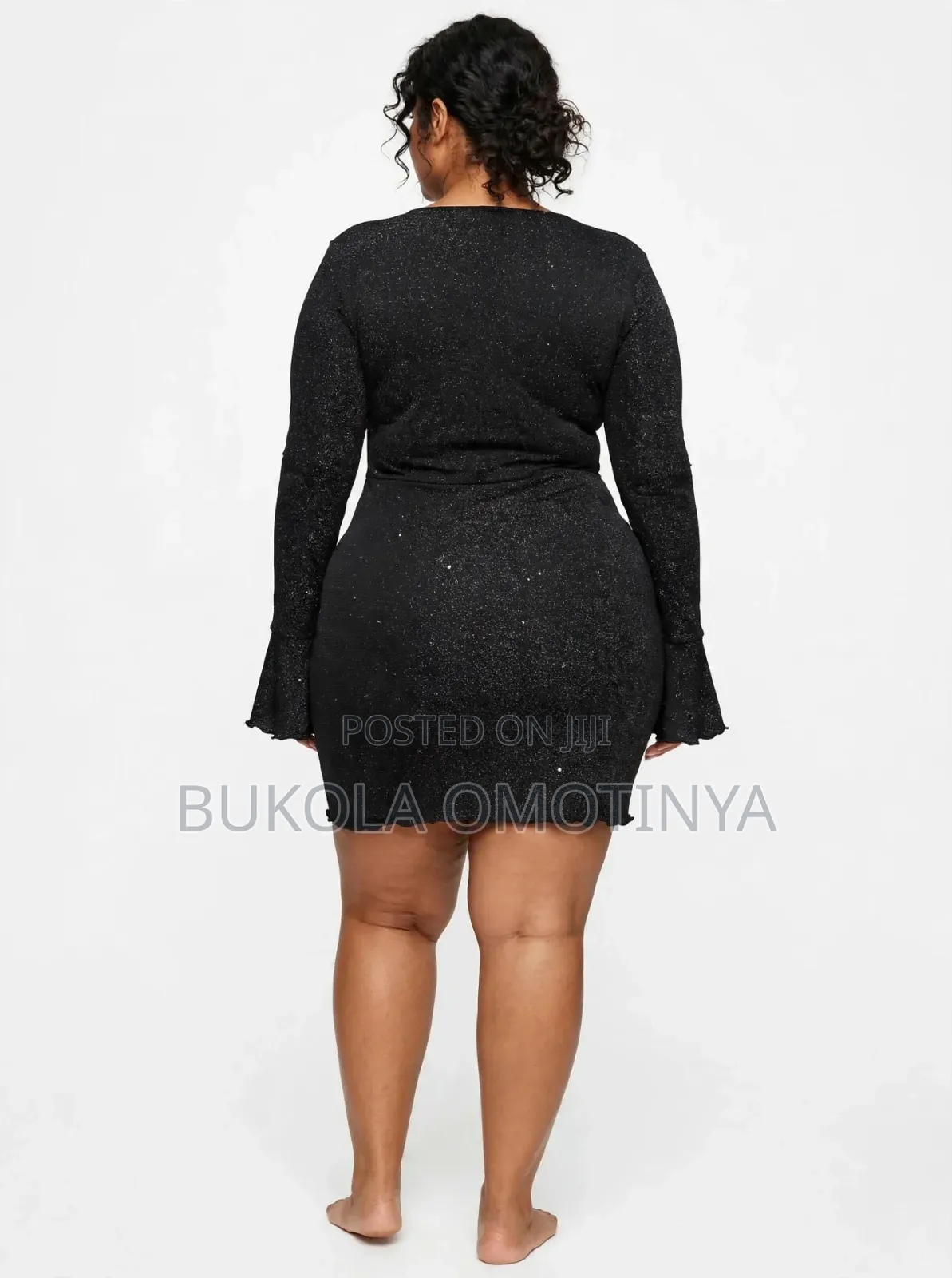 Black Shimmer Glitter Long Sleeve Wrap Bodycon Mini Dress - Party Dres
