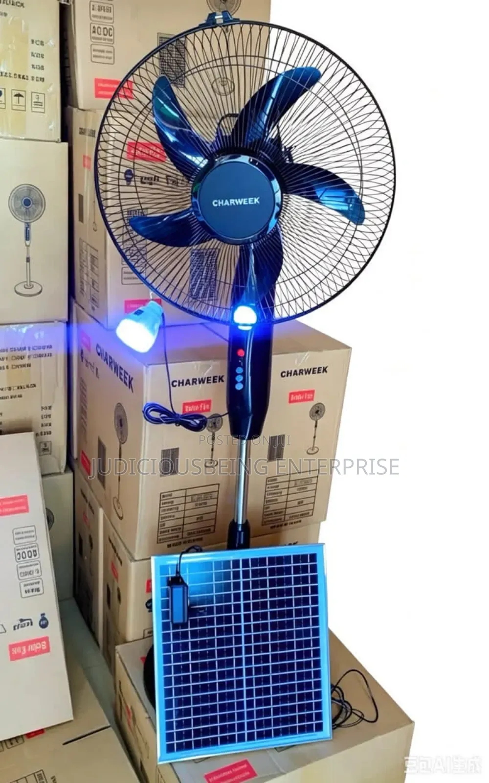 16 Inches Solar Rechargeable Standing Fan + Solar Panel + LED Light