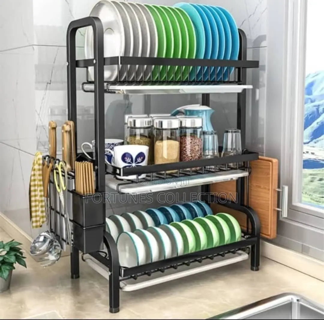 Multifunctional 3-Tier Black Stainless Steel Dish Rack - High Quality.