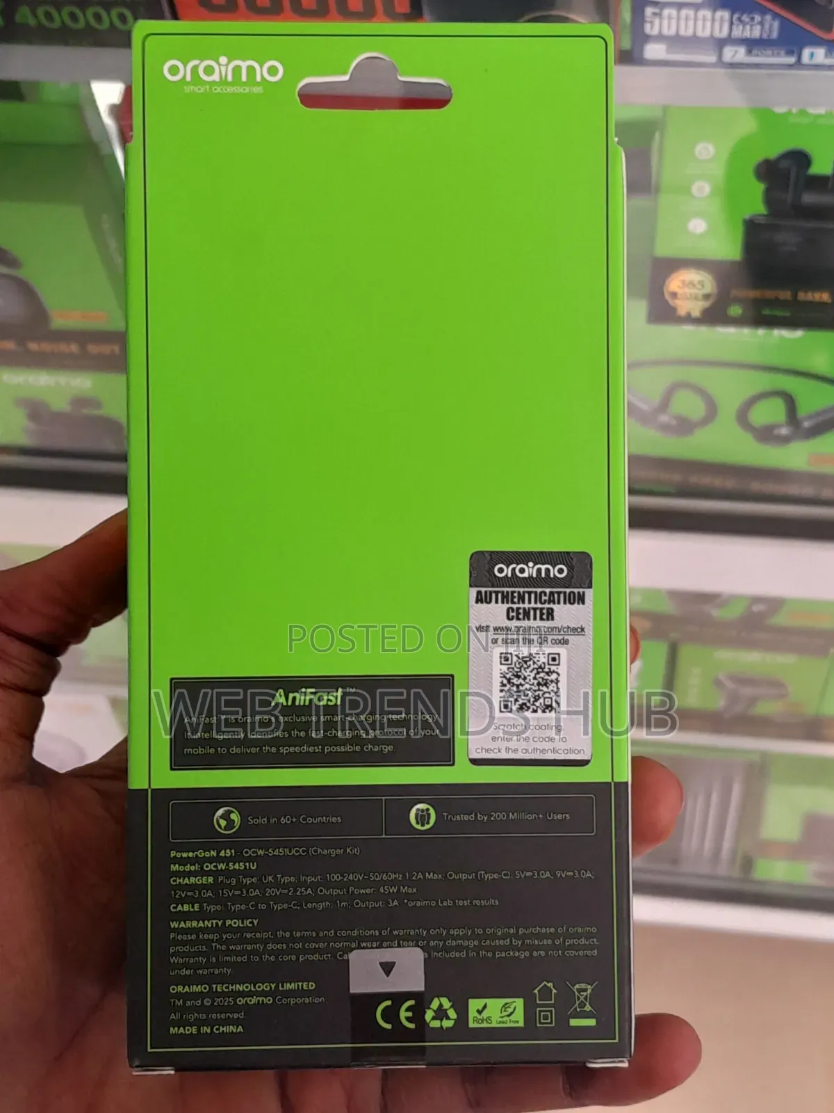 Oraimo PowerGaN 451 45W Ultra Fast Charger +Type-C Cable (OCW-5451UCC)