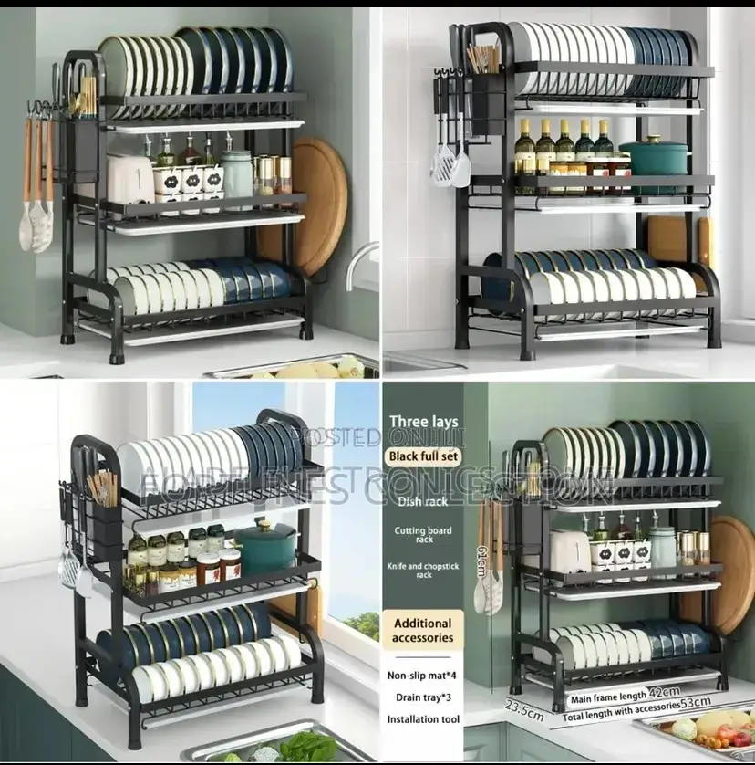 Multifunctional 3-Tier Black Stainless Steel Dish Rack - High Quality.