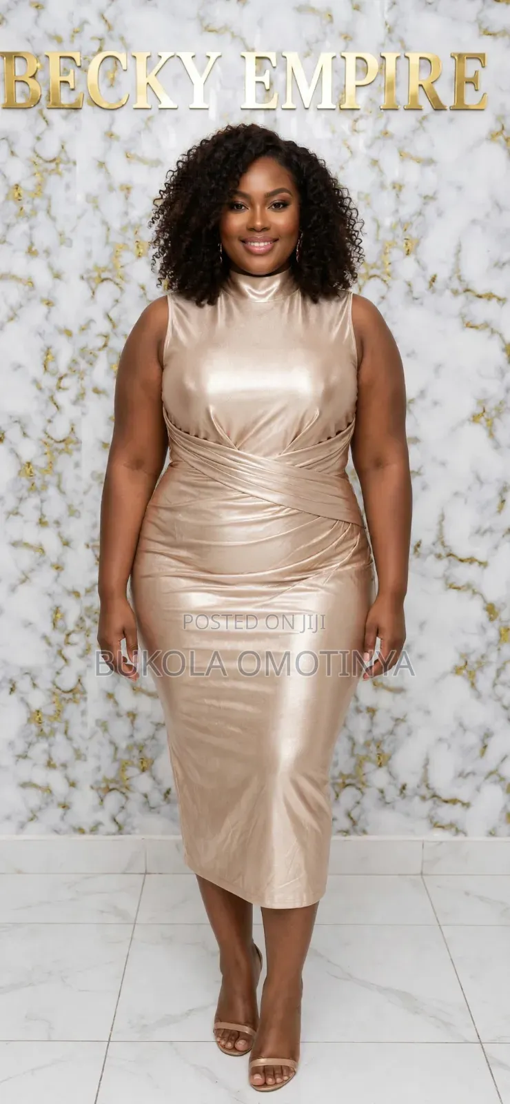 Champagne Gold Ruched Bodycon Midi Gown - Party Wear - BECKY EMPIRE