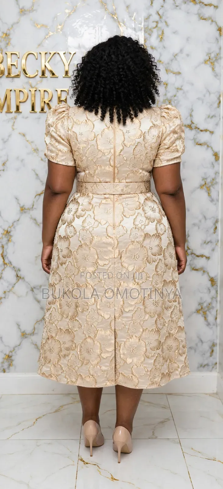 Champagne Gold Brocade Puff Sleeve Flare Dress -