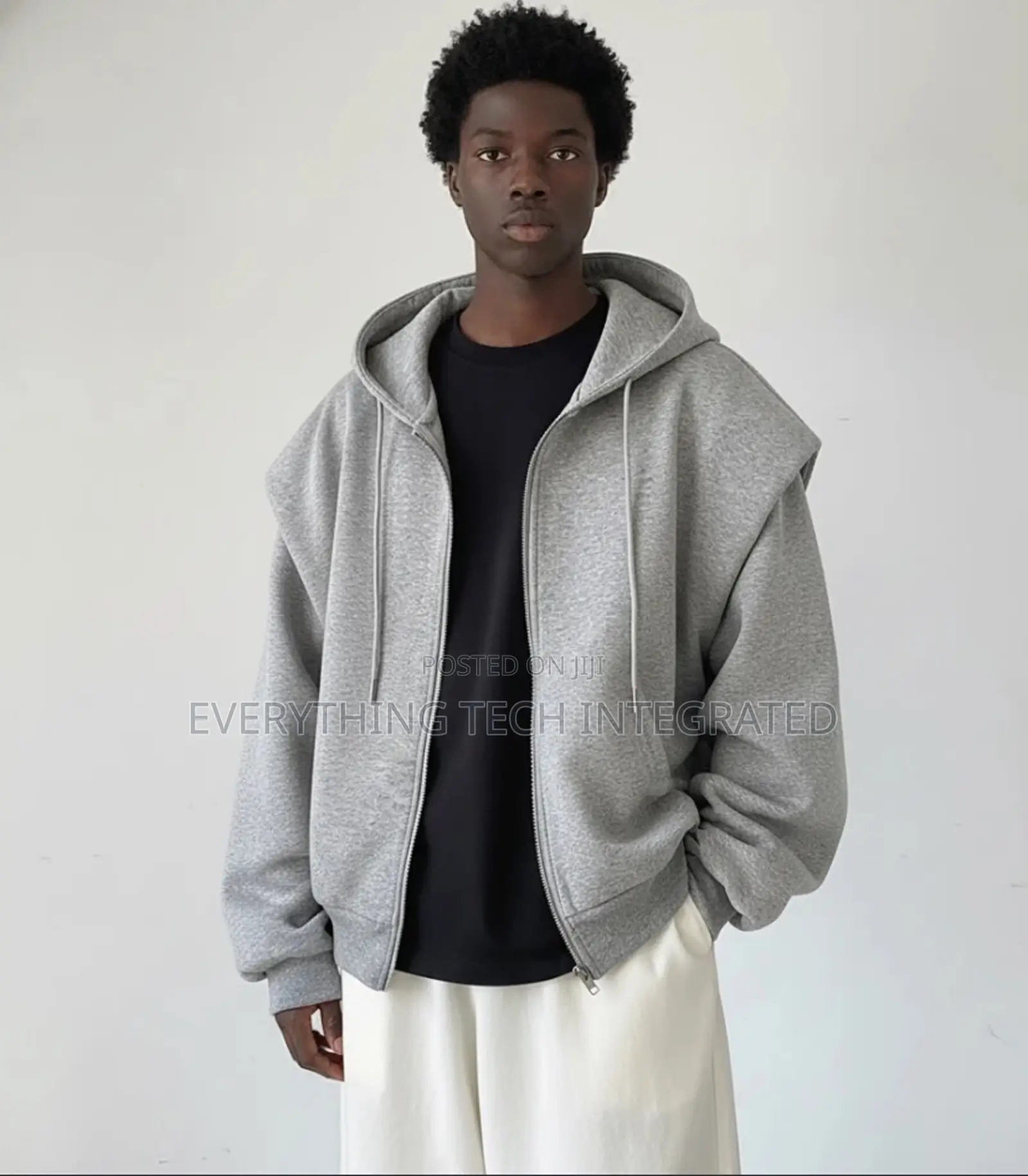 Grey Sleeveless Overlay Hoodie With Zipper Hoodie