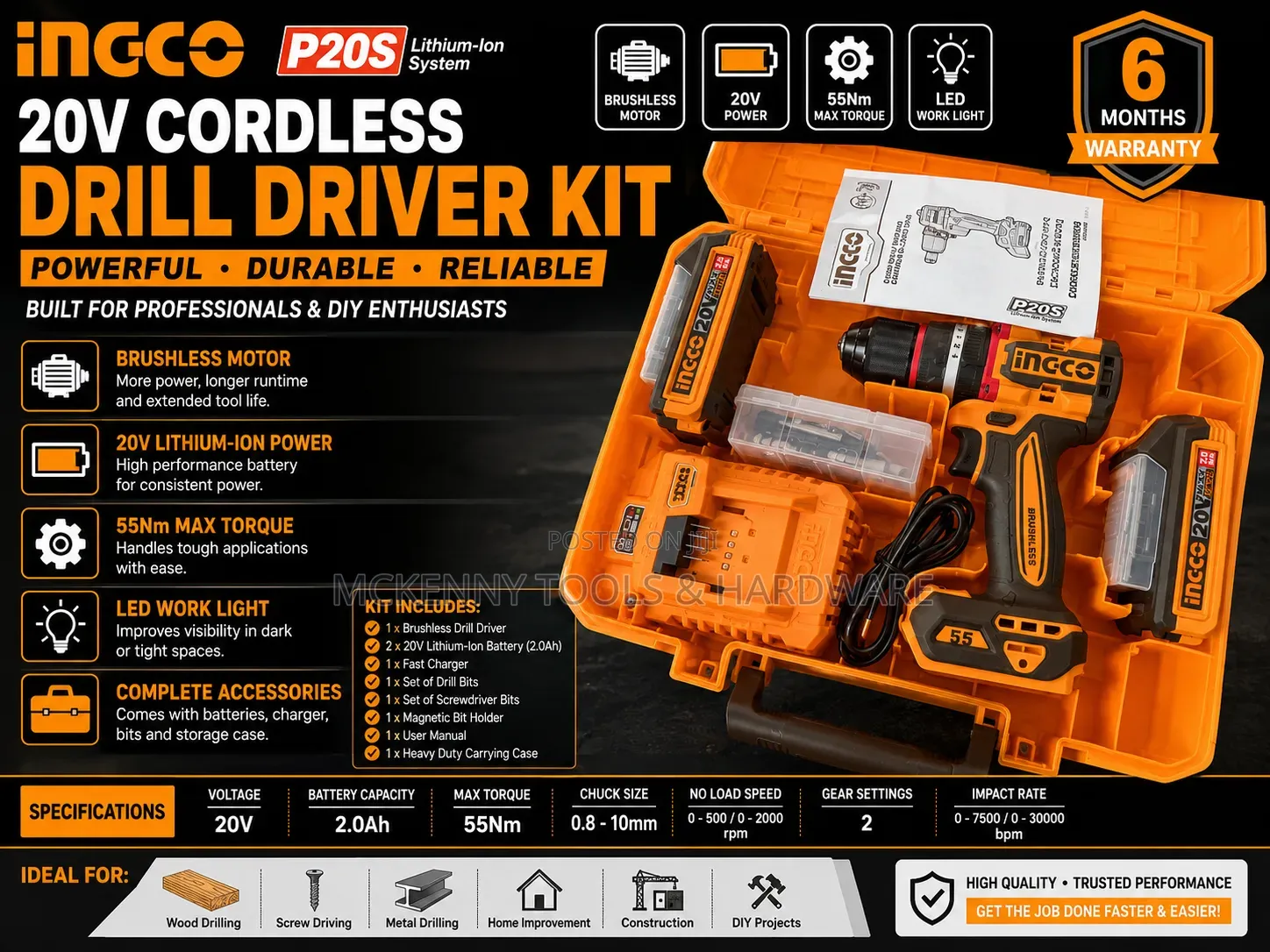 INGCO 20V Compact Brushless Cordless Impact Drill Kit