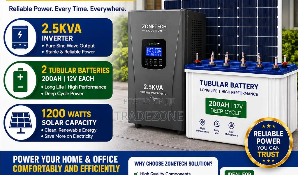 2.5kva Inverter/2 Tubular Batteries/1200watts Solar Capacity