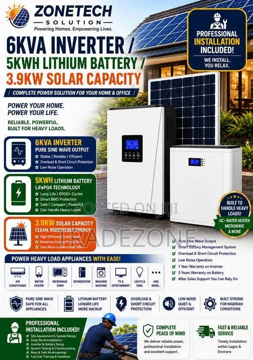 6kva Inverter/5kwh Battery/3.9kw Solar Capacity