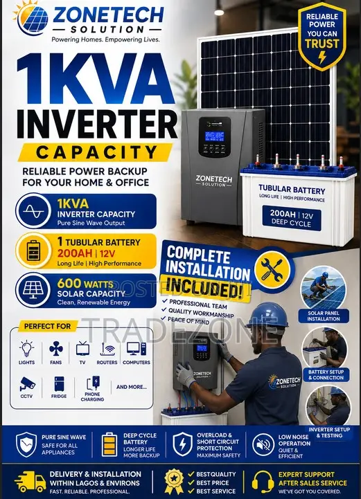 1kva Inverter/1Tubular Batteries/600watts Solar Capacity