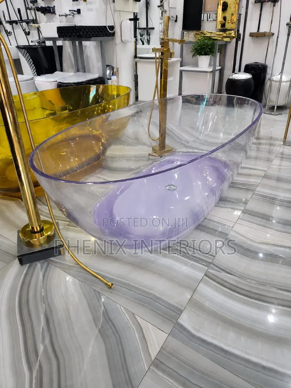 Stand Alone Free Stand Clear and Gold Oval Bathub