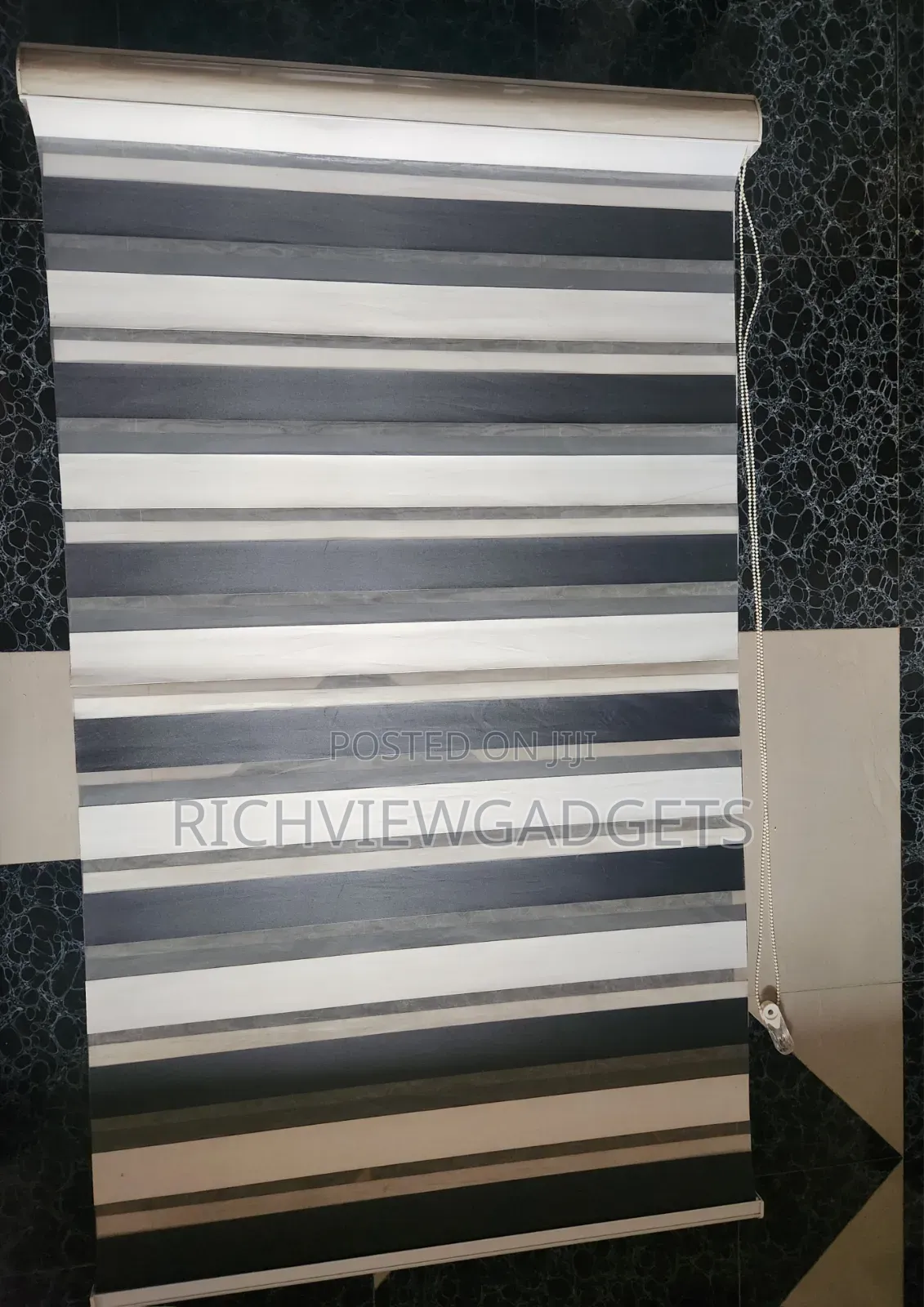 Used Clean Windows Blind, Grey and White, 40" Width, 65" Length.