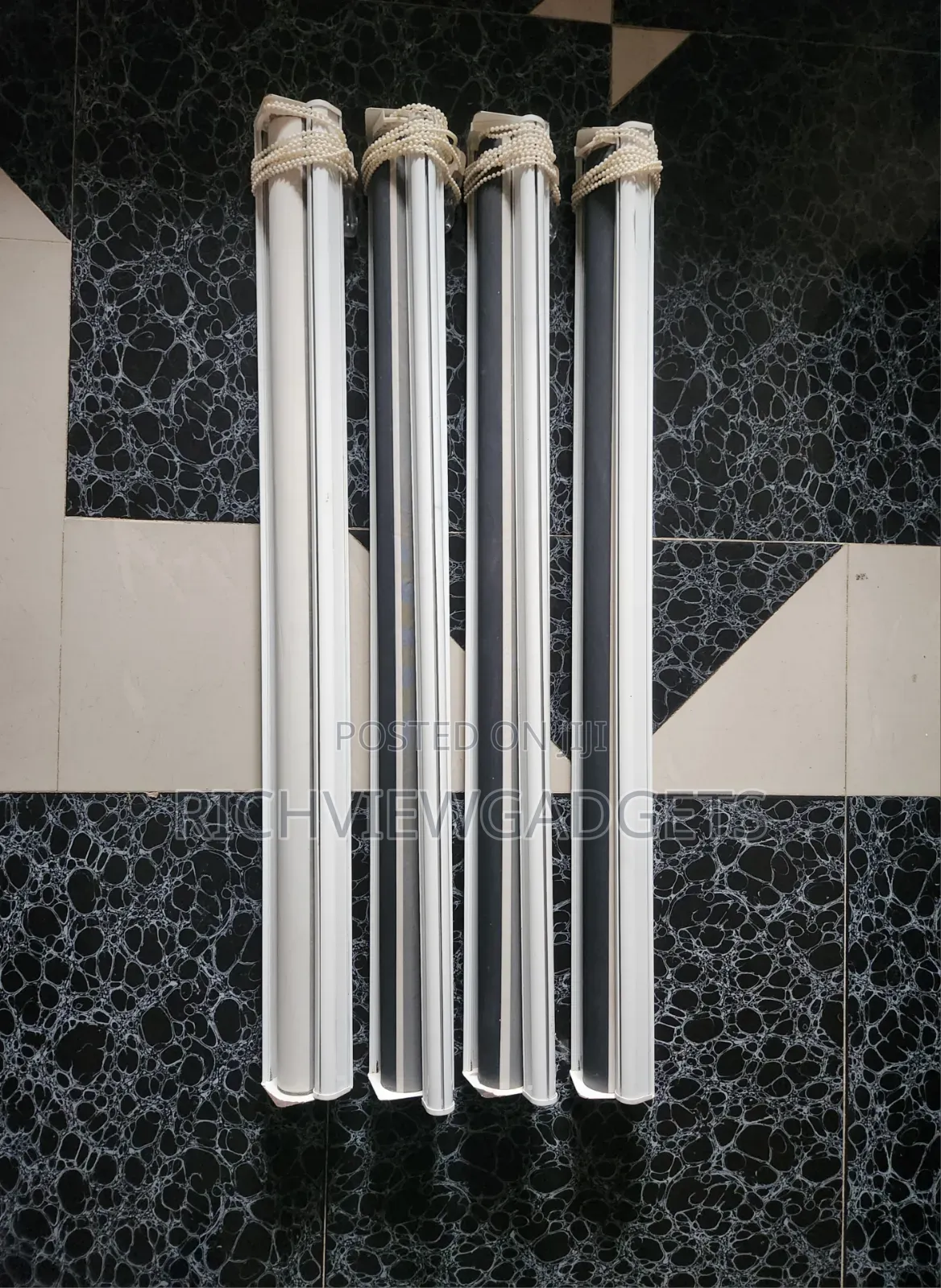 Used Clean Windows Blind, Grey and White, 40" Width, 65" Length.